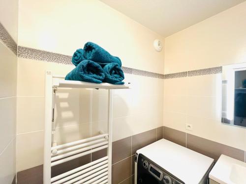 une salle de bains avec une étagère et des serviettes. dans l'établissement *Le Golden Blue* Magnifique T3 à 5min du centre avec parking gratuit, à Bellegarde-sur-Valserine