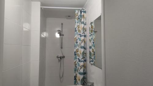 La salle de bains est pourvue d'une douche avec rideau de douche. dans l'établissement Verdier Studio Lot 1, à Toulouse