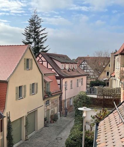 una strada cittadina con molte case e un albero di Apartment Goldschmied a Schwabach