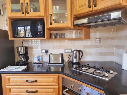 a kitchen with a stove and a microwave at Drake Seaside Studio Apartments in Bel Ombre