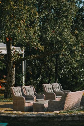 three couches sitting in a park under a tree at Boutique Hotel San Rocco in Brtonigla