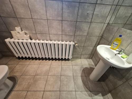 a bathroom with a sink and a radiator at Fantastic Mokotow - FMG Pokoj A in Warsaw