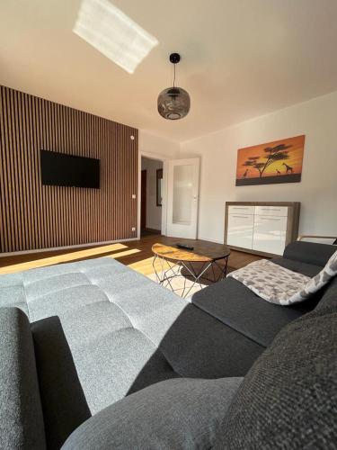 a living room with a couch and a tv at Ferienhaus Butterfly 2 in Garmisch-Partenkirchen