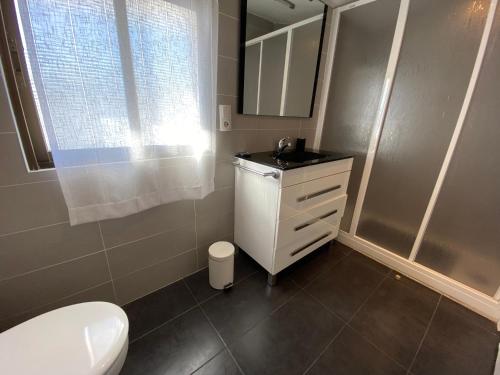 y baño con aseo, lavabo y espejo. en Apartamentos Voramar Altamar, en Alcossebre