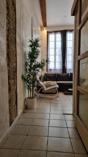 a living room with a potted plant on a tiled floor at La Loge Du Vieux Lyon in Lyon