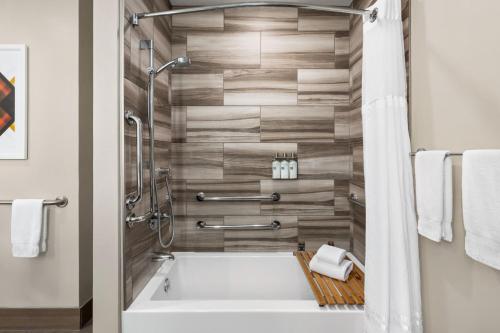 a bathroom with a tub and a shower with wooden tiles at Magnolia Hotel Denver, a Tribute Portfolio Hotel in Denver