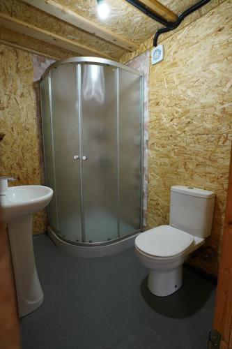 ein Bad mit einer Dusche, einem WC und einem Waschbecken in der Unterkunft Ajara Glamping Kokotauri in K'eda