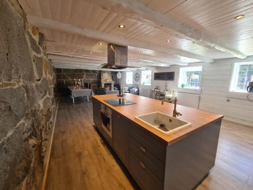 a large kitchen with a counter and a sink at Tosthult Holiday 2 in Lönsboda