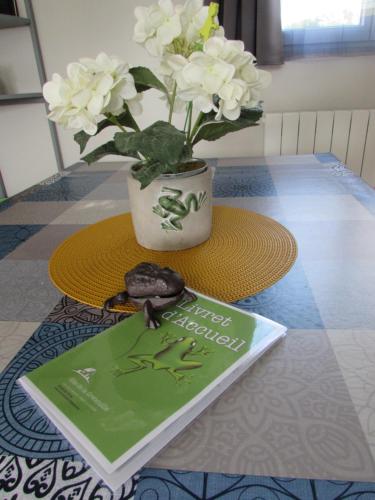 a book sitting on a table with a vase with white flowers at Gîte de la Grenouille in La Cambe