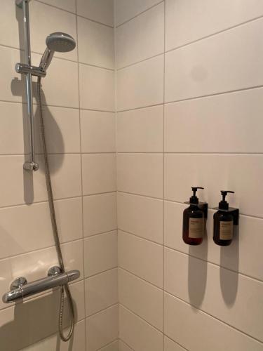 baño con ducha y 2 botellas de jabón en Buitenplaats de Luwte, en Zwolle