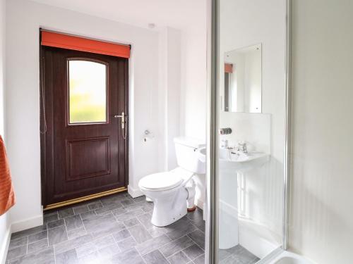 a bathroom with a toilet and a sink and a door at The Middleton in Llandrindod Wells