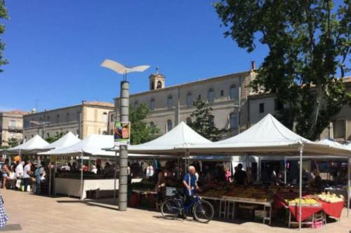 モンペリエにあるArtistic Loft, Downtown Montpellier, WIFIの自転車に乗ってテントを持つ市場を通り過ぎた男