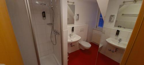 a bathroom with a shower and a toilet and a sink at Ephesus am Weserwehr in Drakenburg