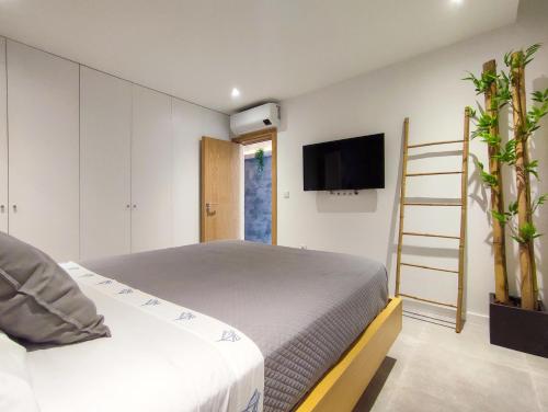 um quarto com uma cama e uma televisão na parede em Ocean House em Ovar