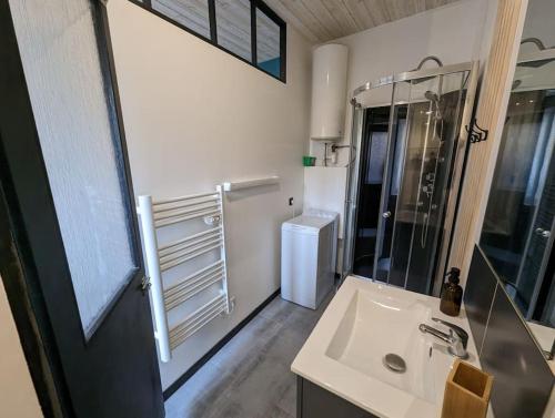 a bathroom with a sink and a glass shower at Le Studio Pop in Paray-le-Monial