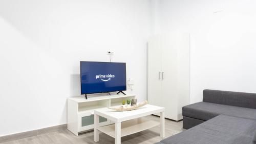 een woonkamer met een tv en een bank bij Apartamento La Paloma Málaga in Málaga