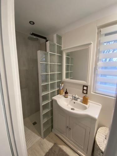 ein Badezimmer mit Waschbecken und Dusche in der Unterkunft Domek Okale in Kazimierz Dolny