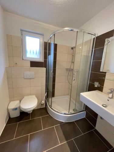 ein Bad mit einer Dusche, einem WC und einem Waschbecken in der Unterkunft Ferienwohnung Min krup unner im Hofhaus in Ahlbeck