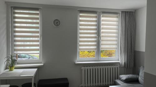 a living room with two windows and a radiator at MŁAWSKA 33 in Rypin