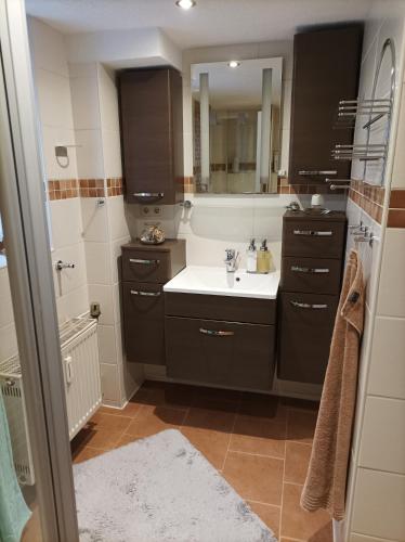 a bathroom with a sink and a mirror at FeWo ,,An der kleinen Wilde'' in Stolberg