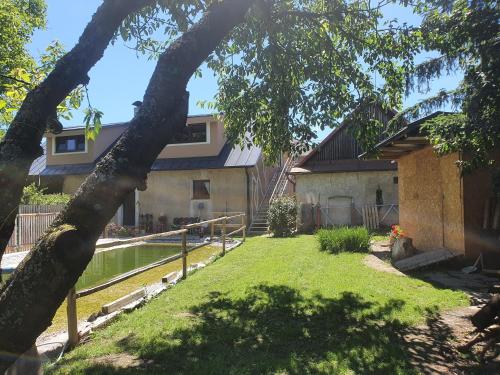 a house with a swimming pool and a tree at Apartmány Svatá in Zdice