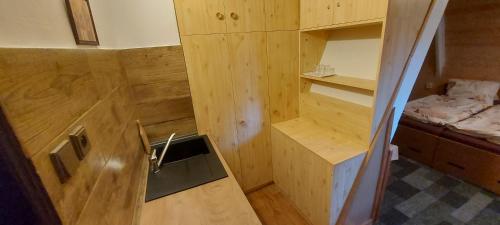 eine kleine Holzhütte mit einem Waschbecken in einem Zimmer in der Unterkunft Penzion Svojanov in Svojanov