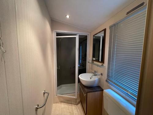 een badkamer met een wastafel en een douche bij PURE - Chalet Zeeland - Air conditioning and washing machine in Hoek