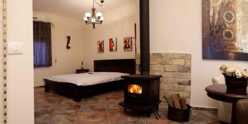 a bedroom with a bed and a wood stove at Zimmerke in Bruchim Qela' Alon