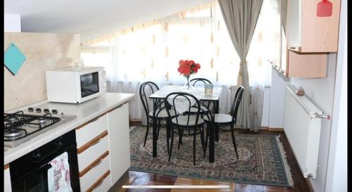 a kitchen with a table with chairs and a microwave at VLAD&ELISA in Bacău