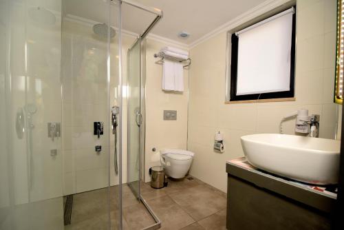 a bathroom with a shower and a sink and a toilet at Lovely Flat with Balcony near Hadrian's Gate in Antalya