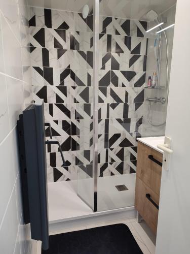 une salle de bain avec une douche avec une porte vitrée dans l'établissement SOPRALYNES Très joli 3 pièces mezzanine plage Richelieu Cap d'Agde, au Cap d'Agde