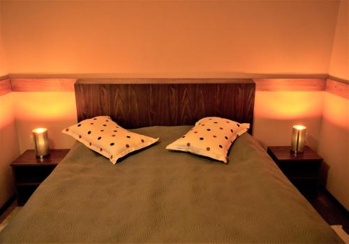 a bedroom with a bed with two pillows on it at Casa Moroeni in Moroeni