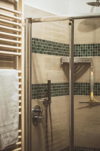 a shower with a glass door in a bathroom at Un letto nel cortile in Bereguardo
