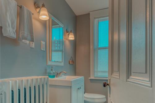 a bathroom with a toilet and a sink and a mirror at Riverfront Bali in the Burg near Hershey in Harrisburg