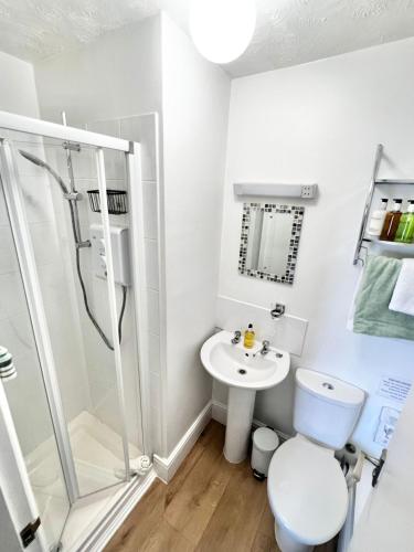 a bathroom with a shower and a toilet and a sink at Belle Dene Guest House in Paignton