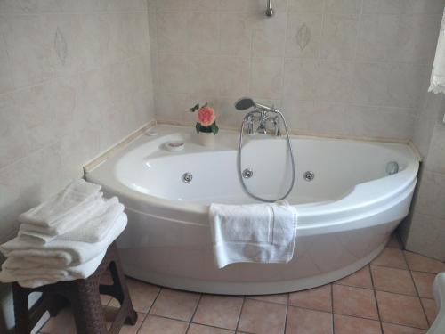 a bathroom with a bath tub with a flower on top at Villa Belvedere in Pieve Fosciana