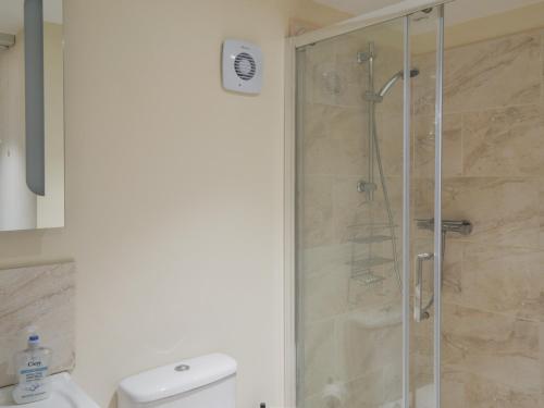 a shower with a glass door in a bathroom at Willow Tree Farm in Sutton on Sea