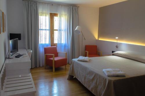 a bedroom with a bed and a desk and a television at Hotel Valle del Jerte in Jerte