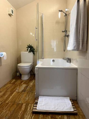 a bathroom with a tub and a toilet and a sink at Ballyhoura Forest Home in Ballyorgan