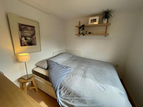 um pequeno quarto com uma cama e um candeeiro em Omheind prive 2 bedroom chalet VOORTHUIZEN VELUWE em Voorthuizen