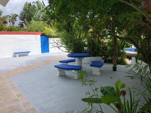 a table and two blue chairs sitting on a patio at La Perlita in Jacó