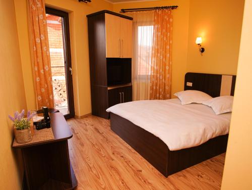1 dormitorio con 1 cama grande y TV en Pensiunea mălin și răzvan (chillbrothers), en Băile Felix