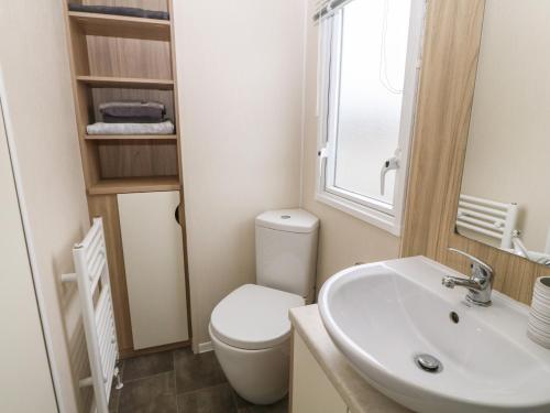 a bathroom with a toilet and a sink at Caravan at Boderw in Holyhead
