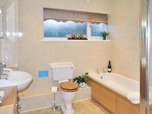 uma casa de banho com um WC, uma banheira e um lavatório. em Glennydd em Bronant