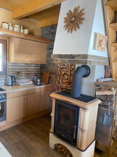 a kitchen with a wood stove in a kitchen at Perníková chalúpka 