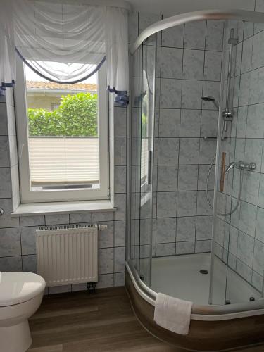 a bathroom with a shower and a toilet and a window at Ferienwohnung Holzerland in Patzig