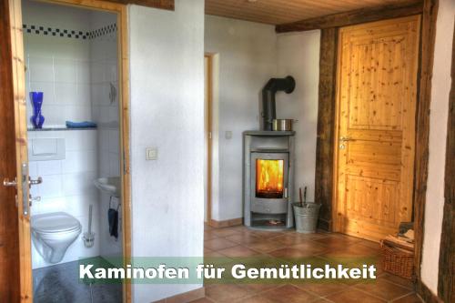 a bathroom with a wood burning stove in a room at Ferienhaus Schwarzwald bei Straßburg Europapark für 12 Personen auf 160qm in Rheinau