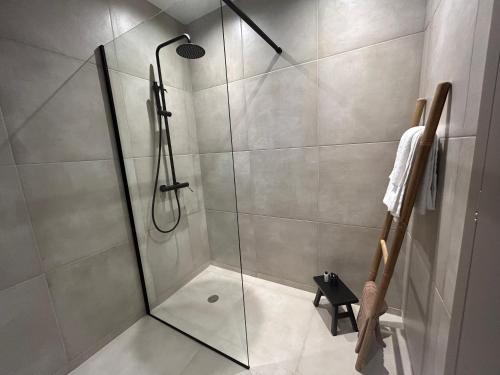 a shower stall with a glass door in a bathroom at Piedra Luxury Apartments in Nafplio
