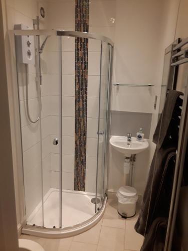 W łazience znajduje się prysznic i umywalka. w obiekcie Jaskar studio 2 w mieście Cheltenham