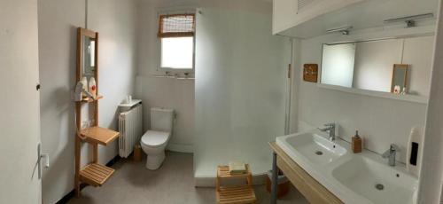 a bathroom with a sink and a toilet and a tub at Hôtel Le Smile in Saint-Vincent-Sterlanges